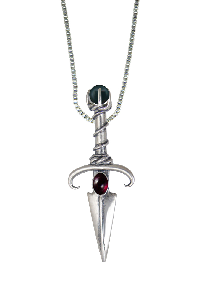 Sterling Silver Black Prince's Knife Dagger Pendant With Garnet And Bloodstone